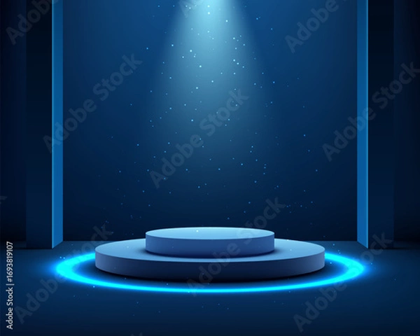 Fototapeta futuristic technology stage background with glowing circular 3d podium in dark blue room under spotlight for product display award presentation mockup showroom and digital showcase