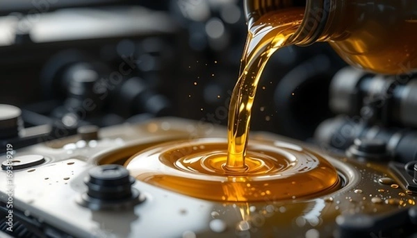 Fototapeta Close-up shot of pouring oil into a car engine, highlighting the maintenance process.