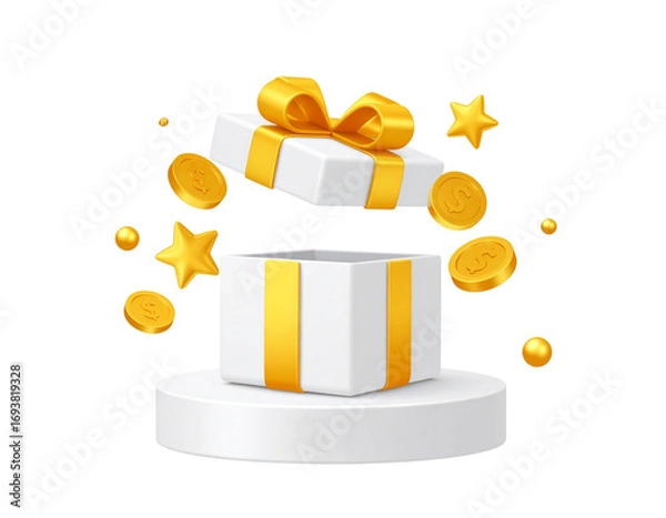 Fototapeta 3D illustration of a set of gift boxes filled with gold coins on a white background