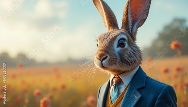 Fototapeta Portrait of an anthropomorphic rabbit in a formal suit standing in a sunlit field of flowers.
