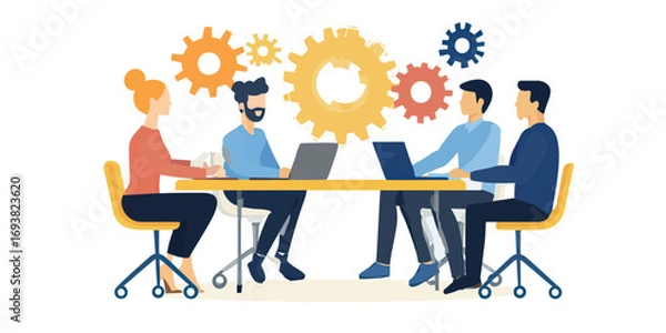 Fototapeta Business team collaboration meeting with diverse people working on laptops around table with colorful gears above for workflow and teamwork concept flat vector illustration