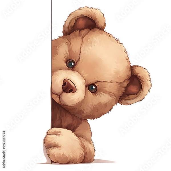 Fototapeta A cute cartoon bear illustrated in a playful and charming style. The bear has a soft, friendly expression, rounded shapes, and warm colors, perfect for children’s books, stickers, or T-shirt designs.