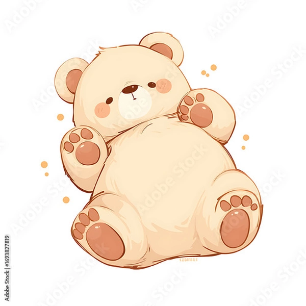 Fototapeta A cute cartoon bear illustrated in a playful and charming style. The bear has a soft, friendly expression, rounded shapes, and warm colors, perfect for children’s books, stickers, or T-shirt designs.