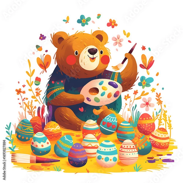 Fototapeta A cute cartoon bear illustrated in a playful and charming style. The bear has a soft, friendly expression, rounded shapes, and warm colors, perfect for children’s books, stickers, or T-shirt designs.