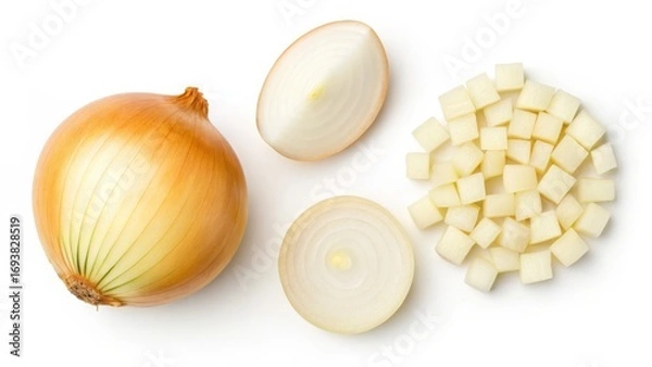 Fototapeta Fresh Onion, Whole, Halved, and Diced Pieces isolated on White Background