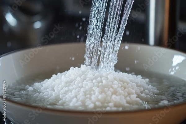 Fototapeta Water pours onto a pile of white sago pearls in a bowl, partially submerged. It shows cooking ingredients, food preparation, or the texture of sago.