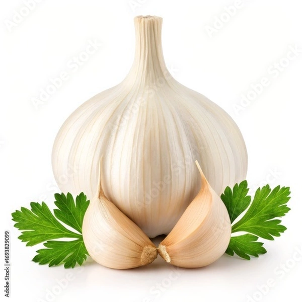 Fototapeta Fresh Garlic Bulb with Cloves and Parsley isolated on White Background
