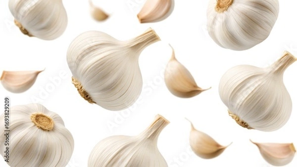 Fototapeta Garlic Bulbs and Cloves Floating Isolated on White Background
