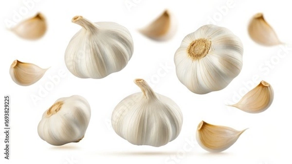 Fototapeta Fresh Garlic Bulbs and Cloves Floating Isolated on white background