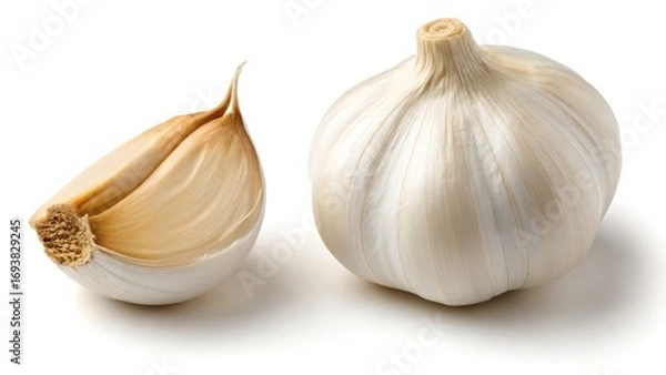Fototapeta Fresh Garlic Bulb and Clove isolated on White Background