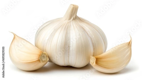Fototapeta Fresh Garlic Bulb with Cloves Isolated on White Background