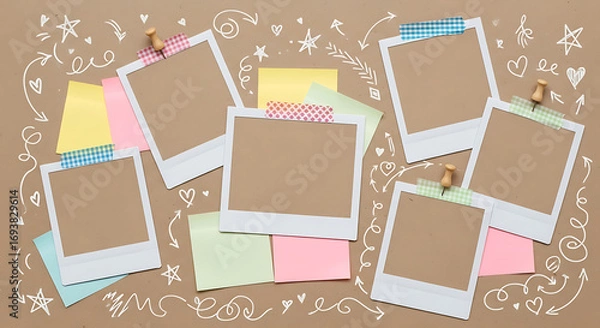 Fototapeta A creative collage of blank instant photo frames, sticky notes, and washi tape on a brown paper background with hand-drawn doodles.