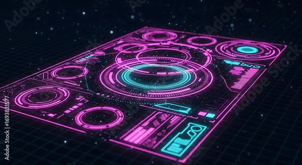 Fototapeta Futuristic holographic display panel with glowing neon rings and circles.