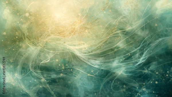 Fototapeta A luminous, ethereal illustration featuring translucent flowing lines, soft gradients of green, gold, and aqua, with glowing particles and delicate light effects. The artwork combines watercolor  