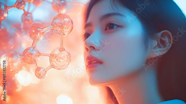 Fototapeta Futuristic Glass and Water Molecular Designs: A Conceptual Exploration of Advanced Skincare and Cosmetic Innovation, Blending Organic Patterns, Bioluminescence, and Minimalist 3D Aesthetics