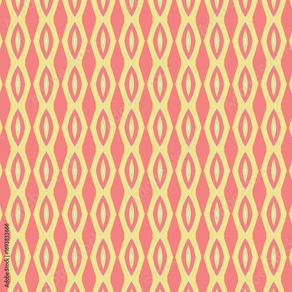 Fototapeta  A vibrant, seamless geometric pattern with vertical rows of interlocking diamond shapes in pink, yellow, and light blue