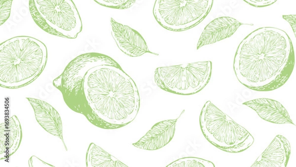 Fototapeta Style green pattern on white background, food wallpaper. Vintage drawing cut lemon sketch pattern. 