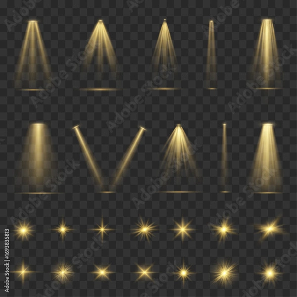 Fototapeta A set of radiant light beams shines brightly against a dark background, creating a striking contrast. Dust and glitter add texture and depth to the effect. Vector