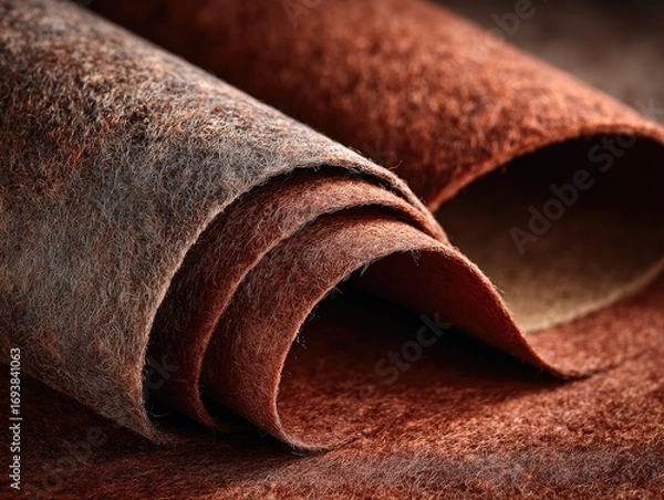 Fototapeta Close-up of rolled leather sheets in various shades of brown