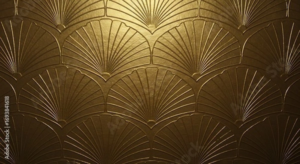 Fototapeta Abstract, Geometric art gold accent background wallpaper with embossed symmetrical patterns,Refined architecture, classic repeating seamless motif. gold accents. Intricate line design