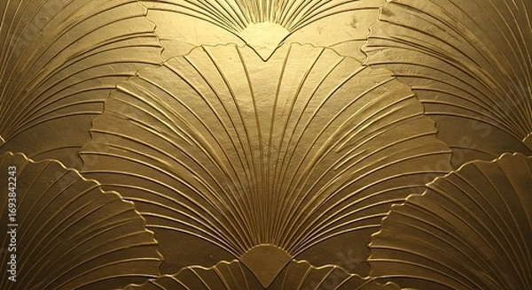 Fototapeta Abstract, Geometric art gold accent background wallpaper with embossed symmetrical patterns,Refined architecture, classic repeating seamless motif. gold accents. Intricate line design