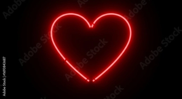 Fototapeta Glowing red neon heart on black background - symbol of love and romance