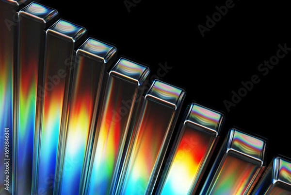 Fototapeta Black 3d background with neon glass rectangle cube pillars. Abstract diagonal line pattern. Rainbow color gradient of crystal square columns. Render transparent geometric block shapes. 3D illustration