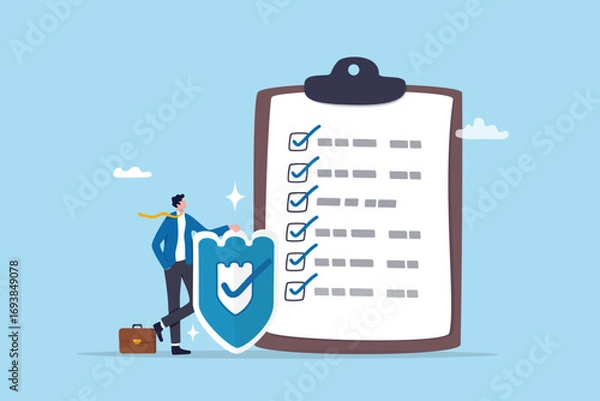 Fototapeta Insurance shield protection, support or guarding coverage policy, advantage checklist or contract document, threat or assurance guarantee, businessman agent with shield and checklist clipboard.