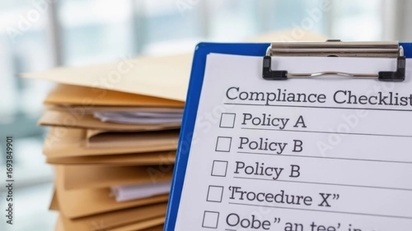 Fototapeta financial compliance legislation organization concept. Checklist on clipboard with stacks of documents in background.