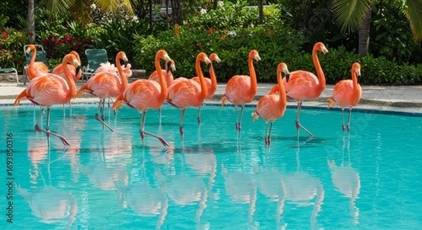 Fototapeta Group of vibrant flamingos by a pool in tropical garden
