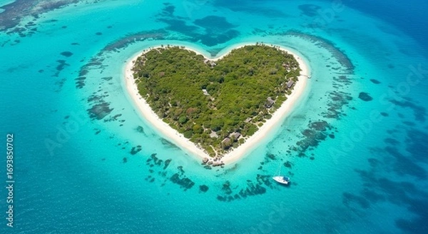 Fototapeta Heart-shaped island in turquoise ocean with lush greenery and sandy beaches