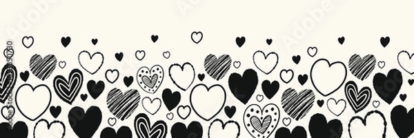 Fototapeta Banner with cute cartoon floating hearts. Background with hand drawn shapes. Doodles. Design for Valentine’s Day, Mother’s Day and Women’s Day. Vector illustration