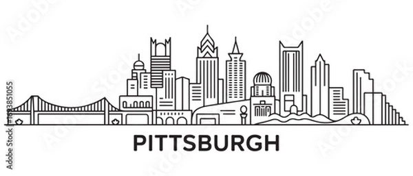 Fototapeta Pittsburgh Line Art skyline. Travel Pittsburgh famous landmarks. Business and tourism concept for presentation, banner, web site. with white background