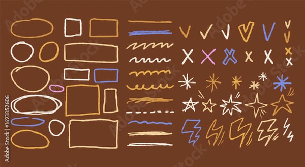 Fototapeta Crayon doodle line symbol set checkmarks, crosses, sketch lines, stars, lightning bolts, speech bubbles. Pastel pencil kid drawing for notes.
