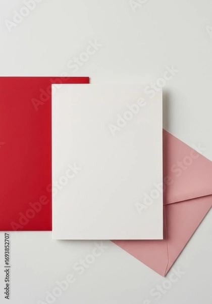 Fototapeta Minimalist stationery layout with red folder, white paper, and pink envelope on white background
