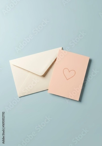 Fototapeta Pastel greeting card with heart design and envelope on blue background