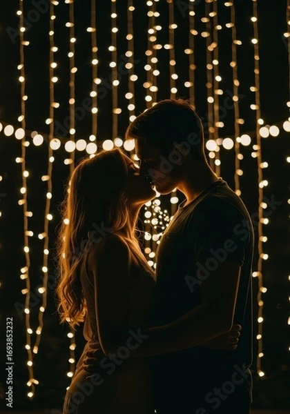 Fototapeta Romantic young caucasian couple kissing in front of warm string lights at night