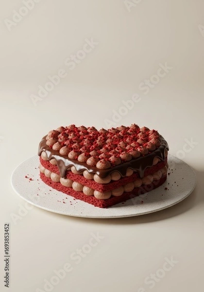 Fototapeta Heart-shaped red velvet cake with chocolate drizzle and raspberry topping on plate