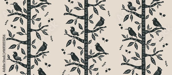 Obraz scandinavian block print woodland trees and cute birds stripes seamless pattern  in black white and tan, hand drawn nordic forest repeat design print