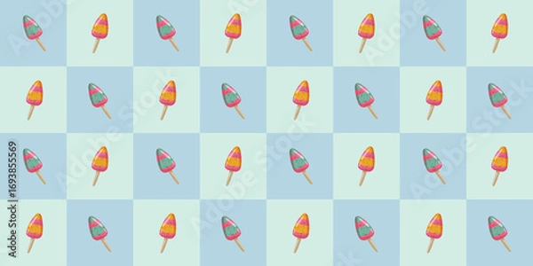 Fototapeta Colorful ice cream popsicle pattern on light blue fabric for summer-themed designs