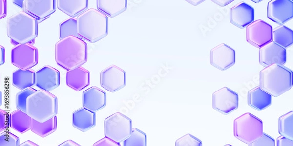 Fototapeta Abstract hexagon pattern 3d background. Futuristic sci fi honeycomb design. Glass holographic polygon shapes with purple blue gradient and motion effect. Render digital tech banner. 3D illustration