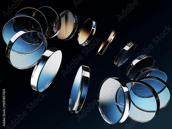Fototapeta Neon glass round discs with brown blue gradient on dark 3d background. Circular motion effect of crystal glossy plates. Holographic iridescent transparent disks in ring shape render. 3D illustration
