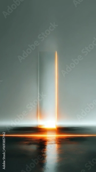 Fototapeta A mysterious glowing portal casting a luminous orange reflection in an abstract, futuristic sci-fi environment