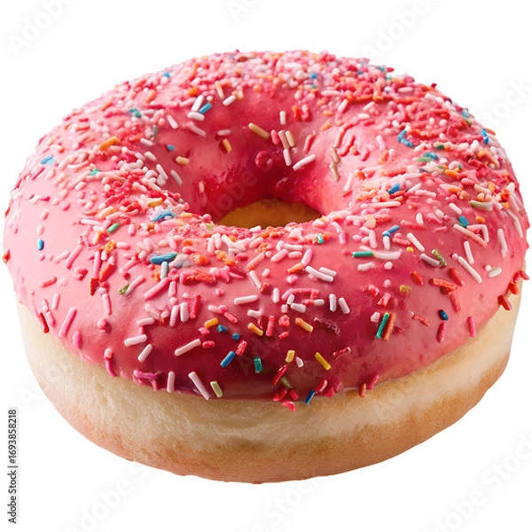 Obraz pink sprinkled donut isolated on transparent background with sweet icing glaze and colorful toppings, delicious bakery dessert food concept for snack, pastry, confectionery, breakfast and cafe design