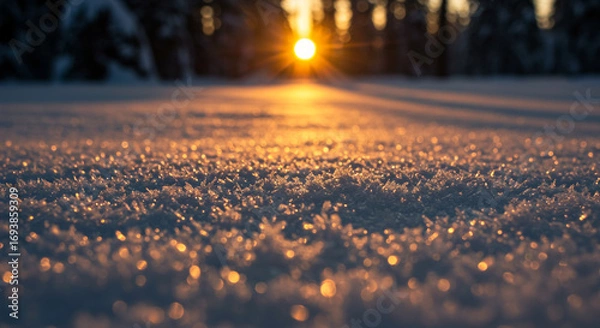 Obraz Golden sunbeams illuminate sparkling frost crystals on a snowy winter ground, creating a magical, serene atmosphere.