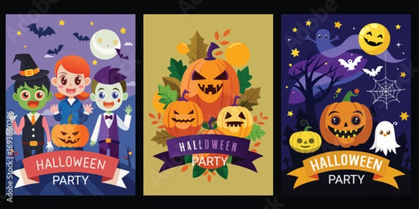 Fototapeta Three Halloween Party Banners with Cartoon Characters and Pumpkins