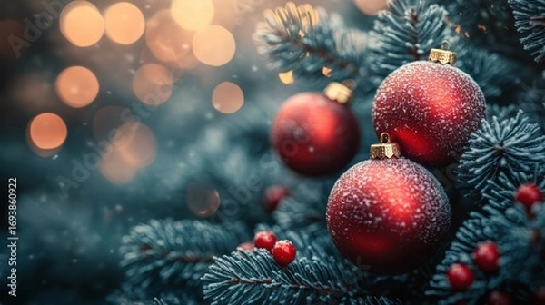 Fototapeta Festive red ornaments adorn frosted Christmas tree branches, bokeh background; holiday card