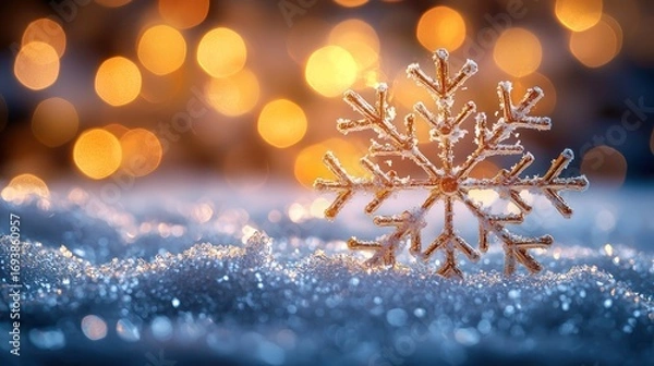 Fototapeta Sparkling snowflake on snow, bokeh lights, winter holiday