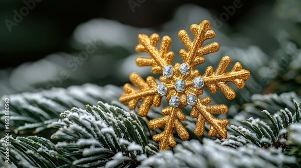 Fototapeta Golden snowflake ornament on snowy fir branch, winter holiday background, festive decoration