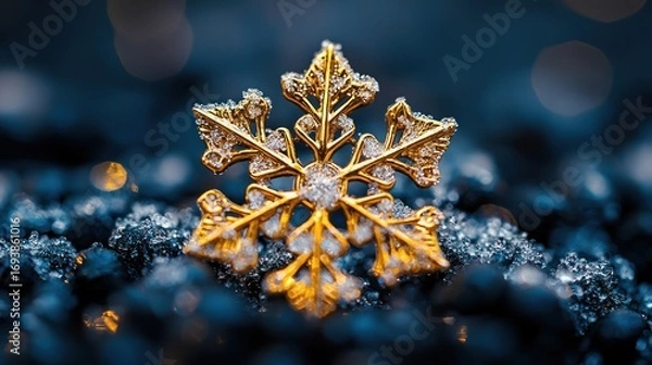 Fototapeta Golden Snowflake Ornament on Dark Background